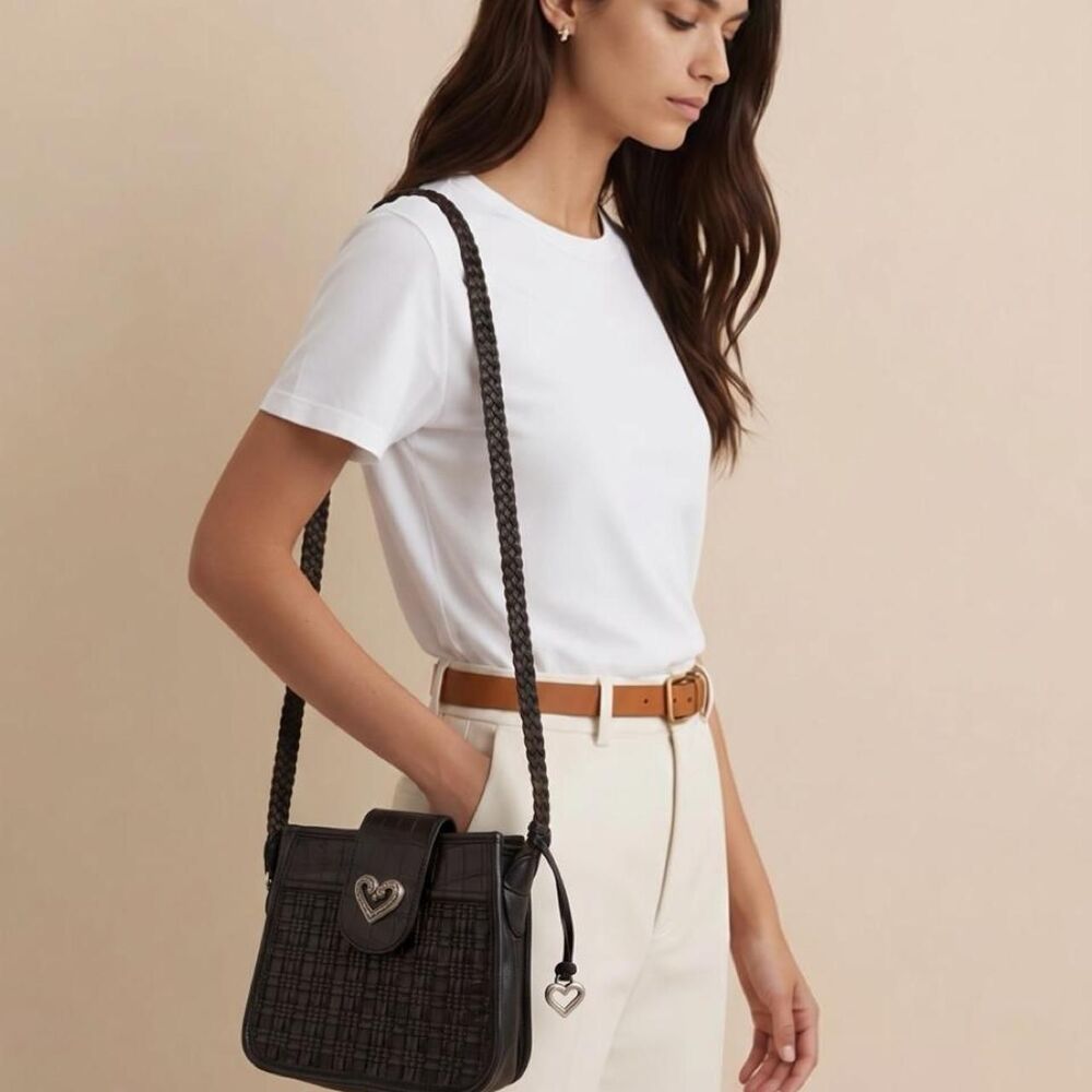 Brighton 108054 Black Woven Crossbody leather Bag with Heart Accent